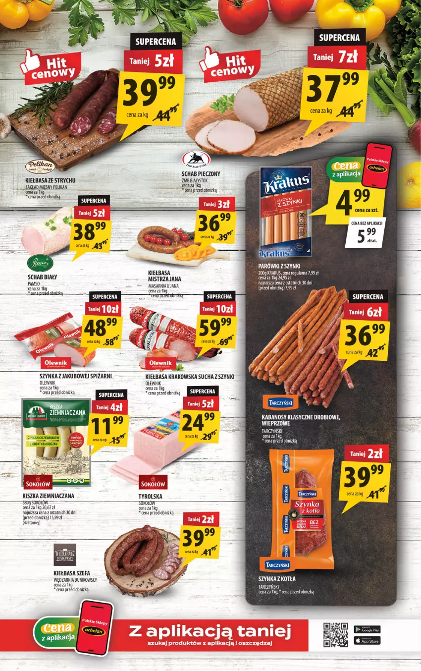 Gazetka promocyjna Arhelan - Gazetka - ważna 03.07 do 12.07.2026 - strona 5 - produkty: Fa, Kabanos, Kiełbasa, Kiełbasa krakowska, Krakus, Olewnik, Parówki, Parówki z szynki, Piec, Schab pieczony, Sok, Sokołów, Szynka, Tarczyński, Tera