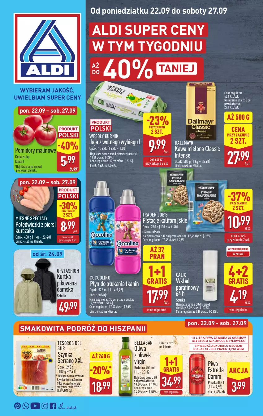 Gazetka promocyjna Aldi - Pełna oferta - ważna 22.09 do 27.09.2025 - strona 1 - produkty: Bell, Bella, Coccolino, Dallmayr, Fa, Gin, Gra, Jaja, Jaja z wolnego wybiegu, Kawa, Kawa mielona, Kurczak, Kurtka, Mięsne specjały, Oliwa z oliwek, Pistacje, Piwa, Piwo, Płyn do płukania, Pomidory, Ser, Smakowita, Szynka