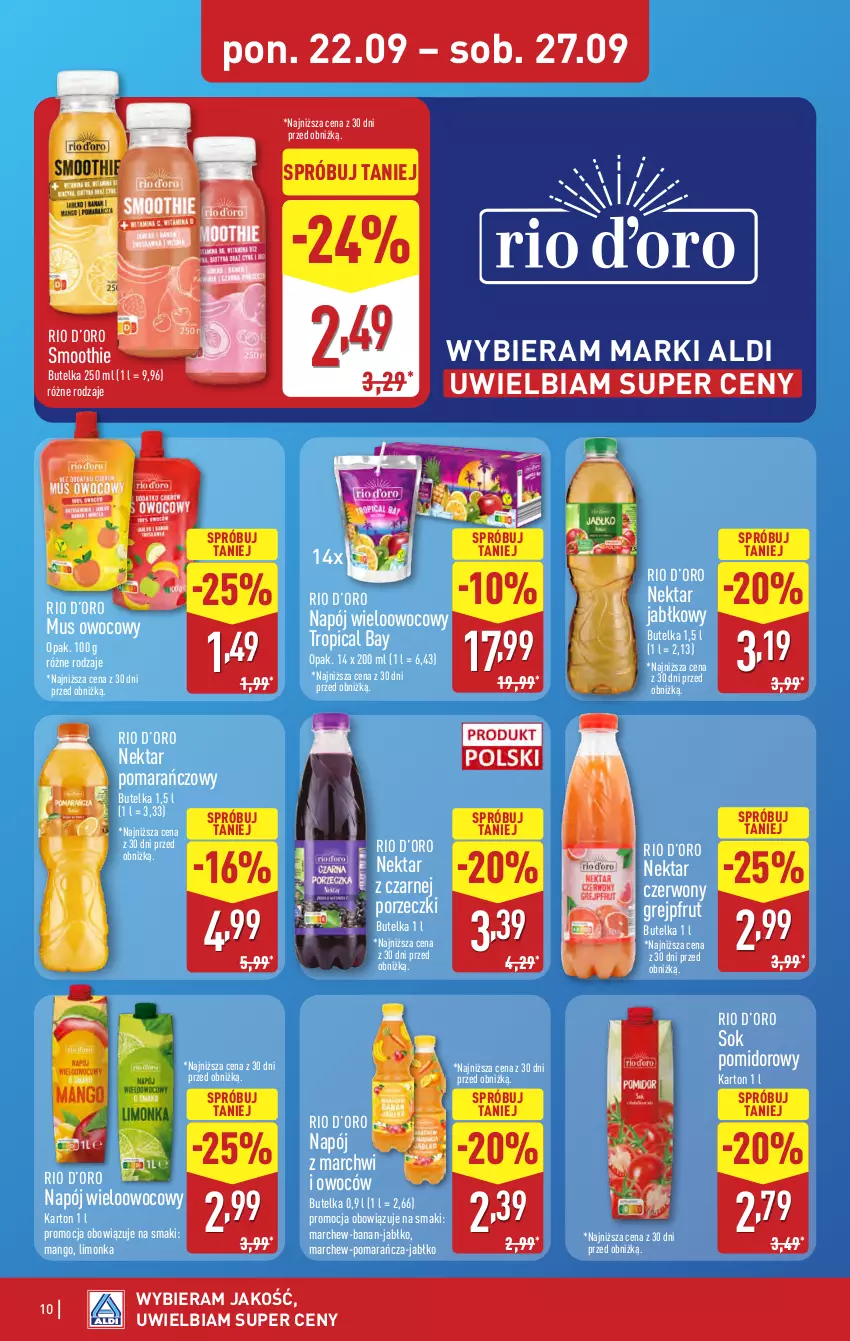 Gazetka promocyjna Aldi - Pełna oferta - ważna 22.09 do 27.09.2025 - strona 10 - produkty: Grejpfrut, Limonka, Mango, Mus, Napój, Nektar, Por, Smoothie, Sok, Sok pomidorowy, Tropical