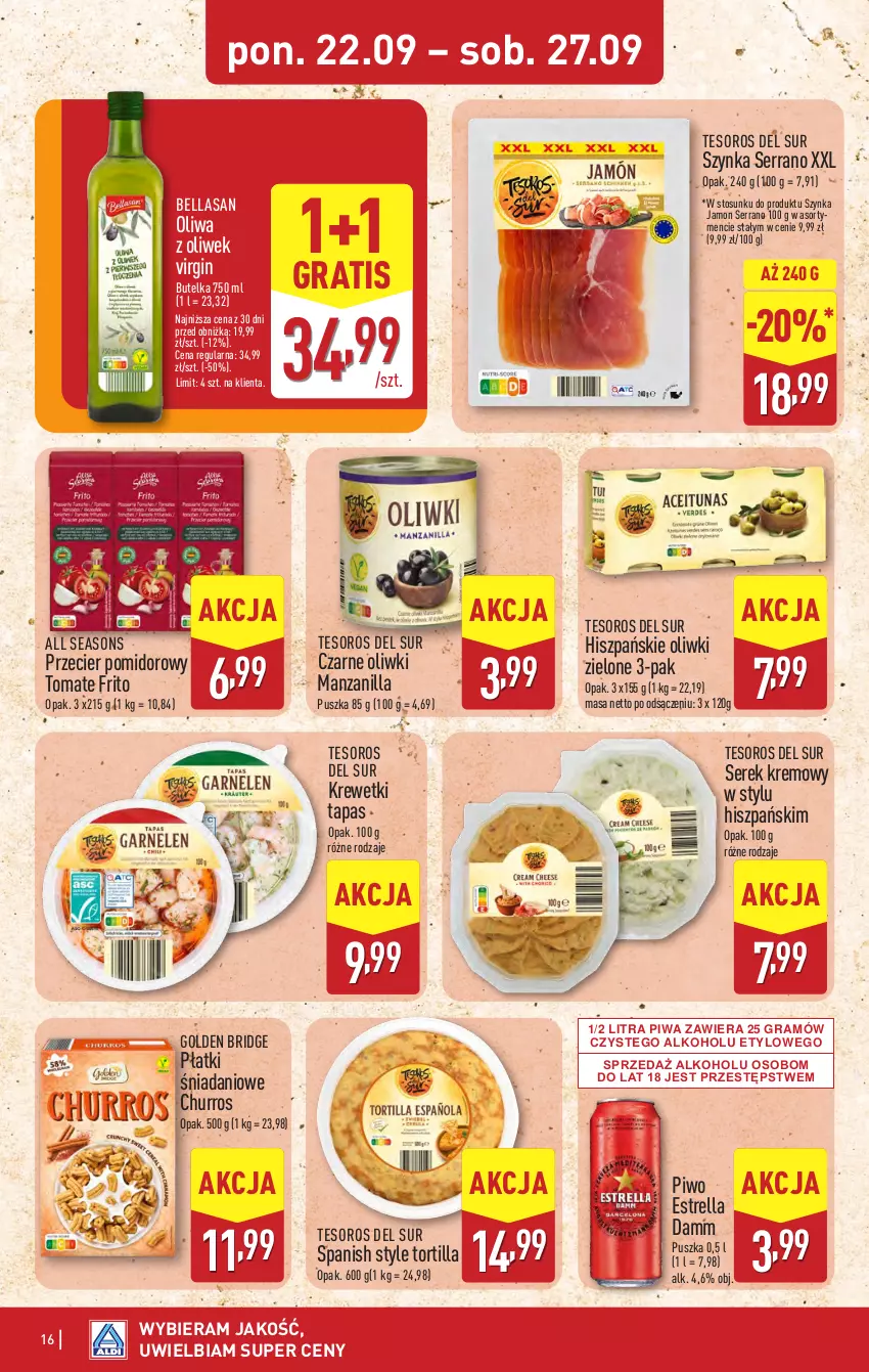Gazetka promocyjna Aldi - Pełna oferta - ważna 22.09 do 27.09.2025 - strona 16 - produkty: All Seasons, Bell, Bella, Danio, Gin, Gra, Krewetki, Oliwa z oliwek, Oliwki, Oliwki zielone, Piwa, Piwo, Ser, Serek, Szynka, Tortilla