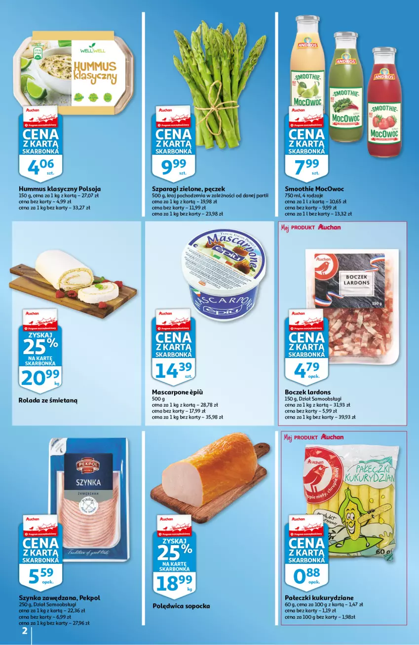 Gazetka promocyjna Auchan - Skarbonka #18 - ważna 05.05 do 11.05.2022 - strona 2 - produkty: Boczek, Hummus, Mascarpone, Mus, Pekpol, Polędwica, Rolada, Smoothie, Szynka