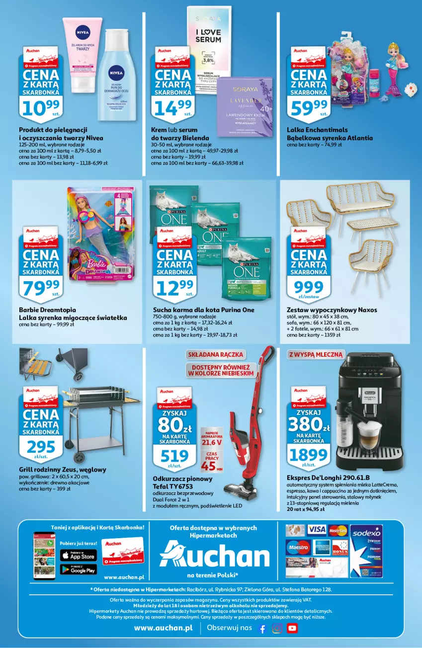 Gazetka promocyjna Auchan - Skarbonka #18 - ważna 05.05 do 11.05.2022 - strona 4 - produkty: Barbie, Bielenda, Cappuccino, Fa, Fotel, Grill, Kawa, Lalka, Młynek, Nivea, Odkurzacz, Odkurzacz bezprzewodowy, Pur, Purina, Rum, Ser, Serum, Serum do twarzy, Sofa, Stół, Sucha karma, Tefal, Top