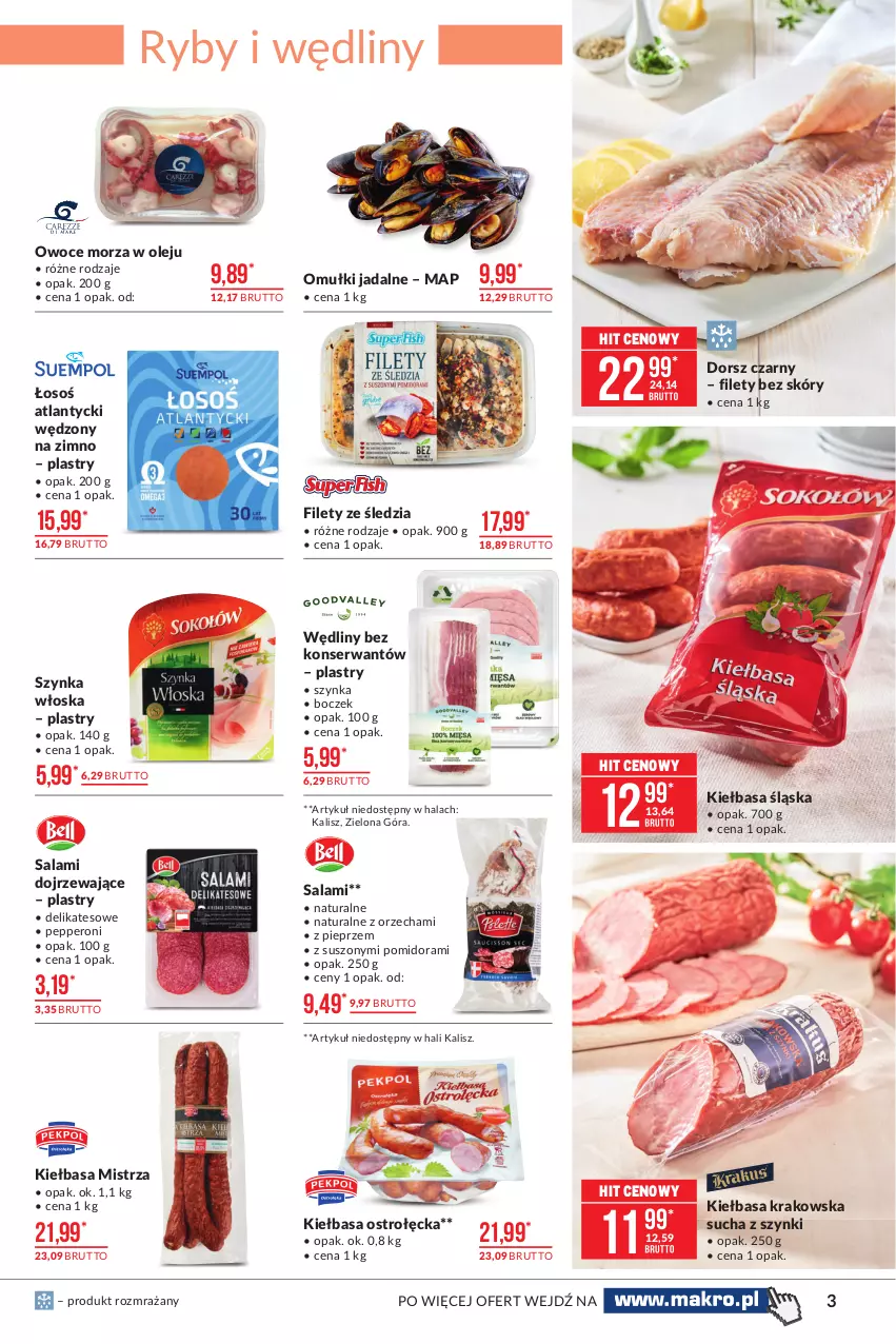 Gazetka promocyjna Makro - [Oferta promocyjna] Artykuły spożywcze - ważna 19.04 do 03.05.2021 - strona 3 - produkty: Boczek, Dorsz, Kiełbasa, Kiełbasa krakowska, Kiełbasa śląska, Olej, Omułki jadalne, Owoce, Owoce morza, Pieprz, Salami, Ser, Szynka