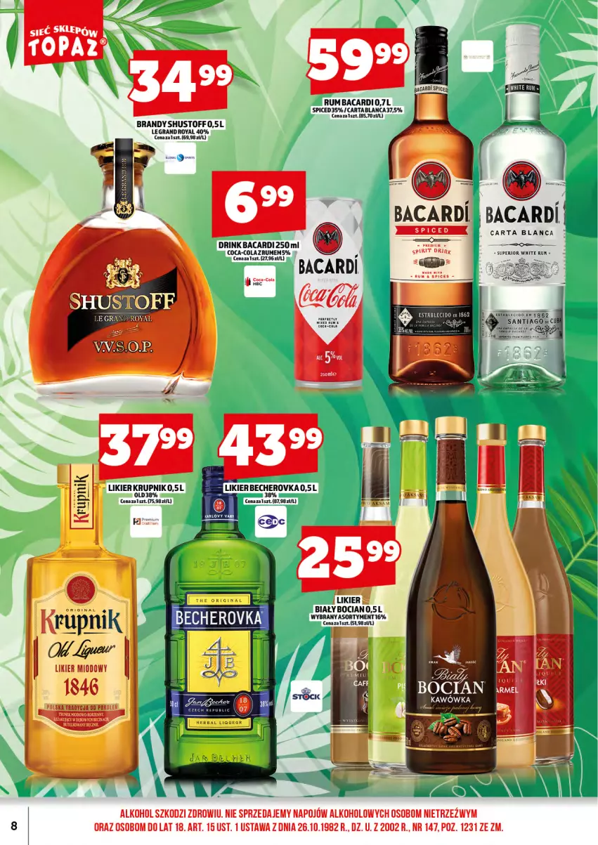 Gazetka promocyjna Topaz - Gazetka - ważna 01.07 do 16.07.2026 - strona 10 - produkty: Bacardi, Biały Bocian, Brandy, Coca-Cola, Gin, Gra, Krupnik, Likier, Rum