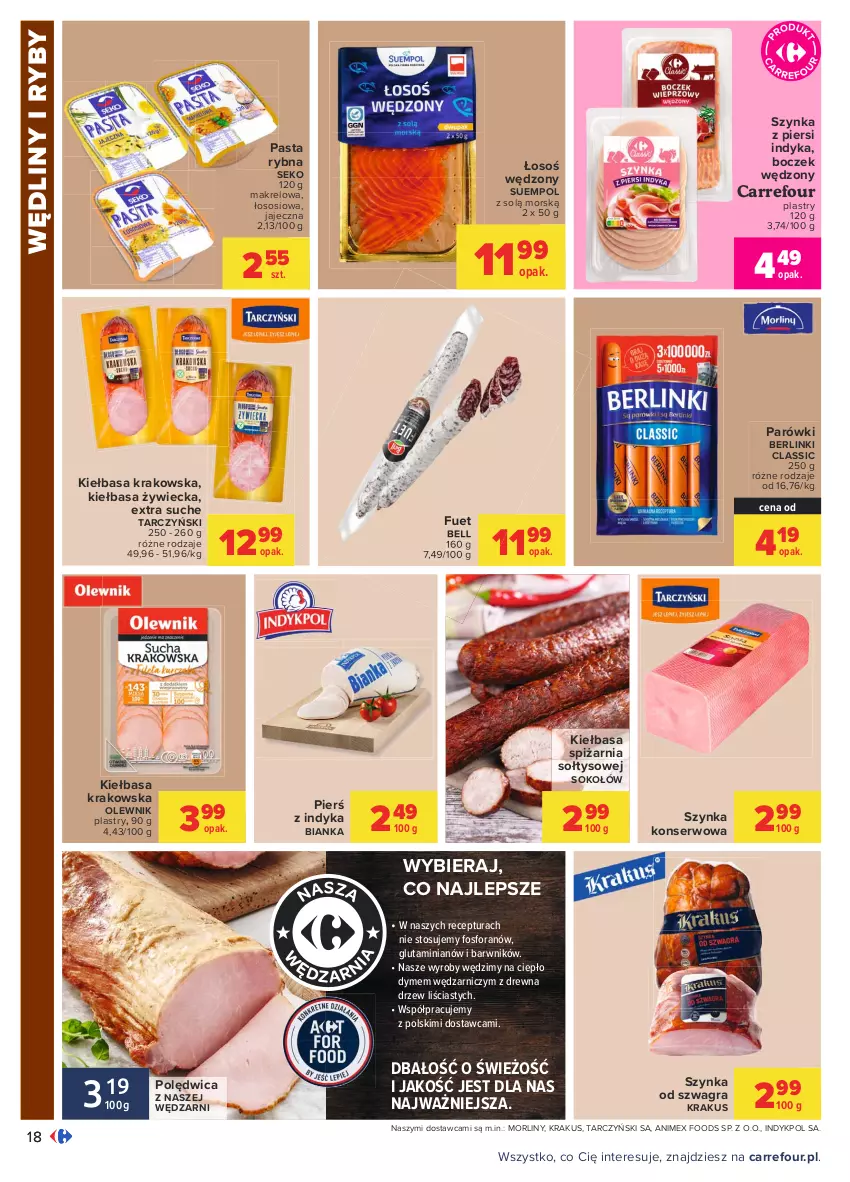 Gazetka promocyjna Carrefour - Gazetka Carrefour - ważna 09.08 do 21.08.2021 - strona 18 - produkty: Bell, Berlinki, Bianka, Boczek, Gra, Kiełbasa, Kiełbasa krakowska, Krakus, Morliny, Olewnik, Parówki, Polędwica, SEKO, Ser, Sok, Sokołów, Sos, Suempol, Szynka, Szynka konserwowa, Tarczyński