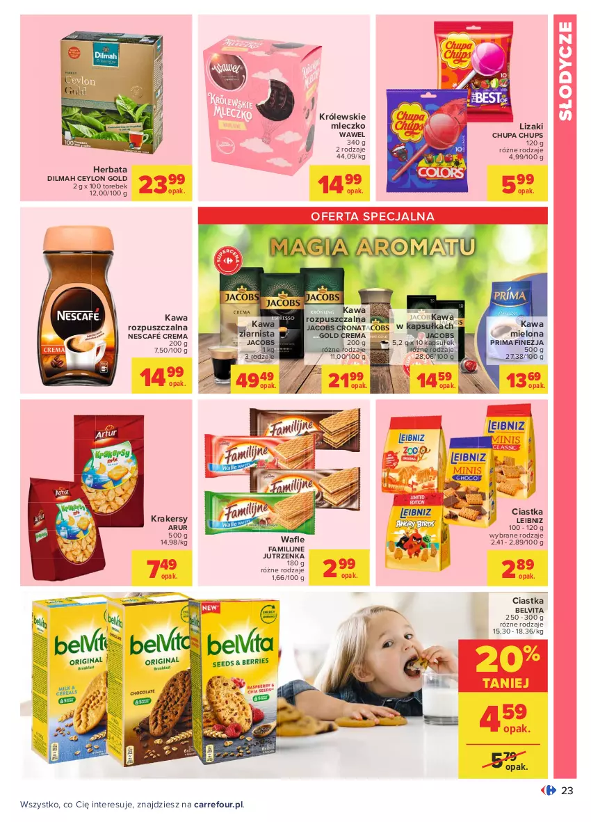 Gazetka promocyjna Carrefour - Gazetka Carrefour - ważna 09.08 do 21.08.2021 - strona 23 - produkty: BelVita, Chupa Chups, Ciastka, Dilmah, Fa, Herbata, Jacobs, Jutrzenka, Kawa, Kawa mielona, Kawa rozpuszczalna, Kawa ziarnista, Krakersy, Królewski, Królewskie Mleczko, Lizaki, Mleczko, Nescafé, Prima, Wawel