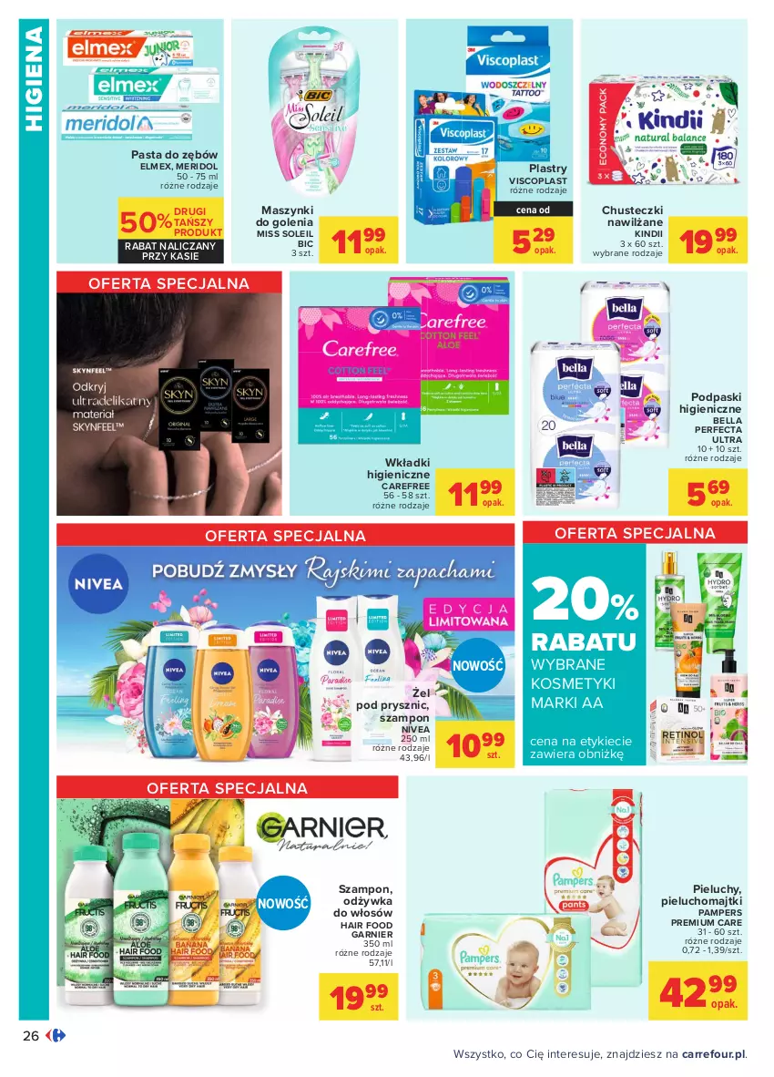 Gazetka promocyjna Carrefour - Gazetka Carrefour - ważna 09.08 do 21.08.2021 - strona 26 - produkty: Bell, Bella, BIC, Carefree, Chusteczki, Elmex, Garnier, Kindii, Majtki, Nivea, Odżywka, Pampers, Pasta do zębów, Perfecta, Pieluchomajtki, Pieluchy, Podpaski, Szampon, Viscoplast, Wkładki