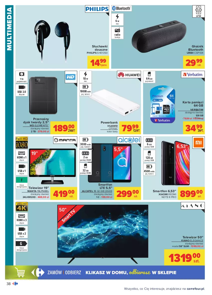 Gazetka promocyjna Carrefour - Gazetka Carrefour - ważna 09.08 do 21.08.2021 - strona 38 - produkty: Głośnik, Głośnik bluetooth, Huawei, Karta pamięci, Manta, Philips, Powerbank, Przenośny dysk twardy, Redmi Note, Słuchawki, Smartfon, Telewizor