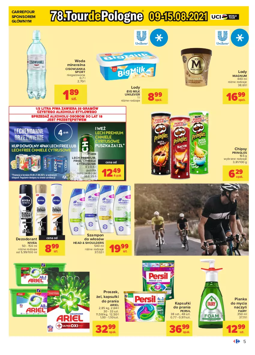 Gazetka promocyjna Carrefour - Gazetka Carrefour - ważna 09.08 do 21.08.2021 - strona 5 - produkty: Ariel, Big Milk, Chipsy, Cisowianka, Dezodorant, Do mycia naczyń, Fa, Fairy, Gra, Kapsułki do prania, Lech Premium, Lody, Nivea, Persil, Piwa, Piwo, Por, Pringles, Sport, Szampon, Woda, Woda mineralna