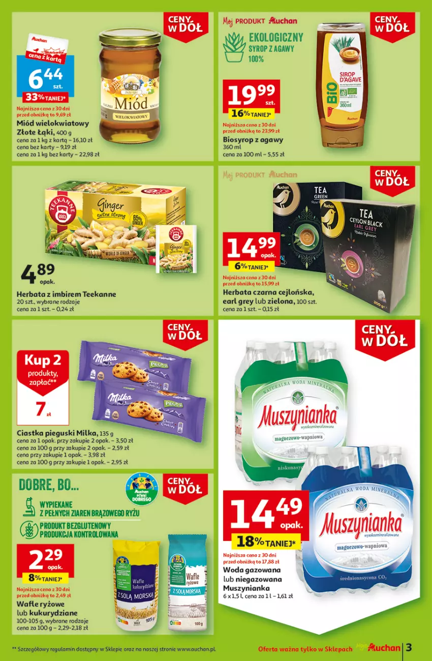 Gazetka promocyjna Auchan - Gazetka Ceny w dół Część 2 Moje Auchan - ważna 11.01 do 17.01.2024 - strona 3 - produkty: Ciastka, Earl Grey, Herbata, Imbir, Milka, Miód, Mus, Muszynianka, Ryż, Syrop, Teekanne, Wafle, Woda, Woda gazowana