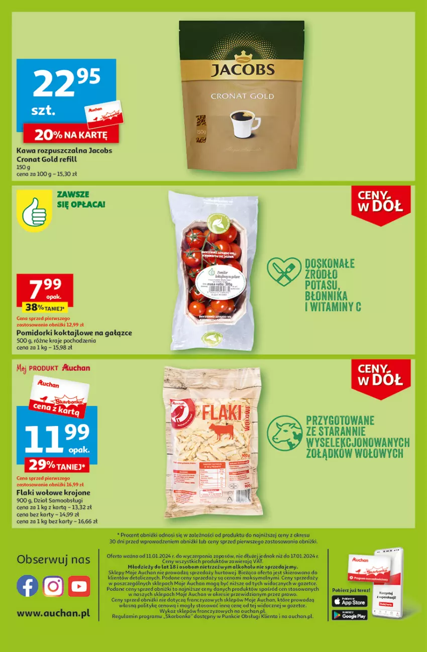 Gazetka promocyjna Auchan - Gazetka Ceny w dół Część 2 Moje Auchan - ważna 11.01 do 17.01.2024 - strona 4 - produkty: Flaki, Flaki wołowe, Gra, Jacobs, Kawa, Kawa rozpuszczalna, Pomidorki, Ser, Tera