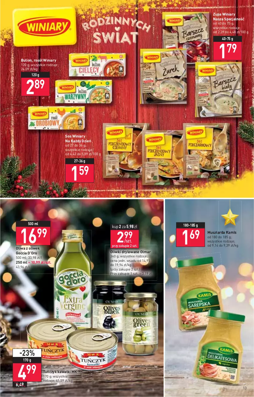 Gazetka promocyjna Stokrotka - Supermarket - ważna 16.12 do 21.12.2021 - strona 13 - produkty: Bulion, Kamis, Kawa, Lion, Mus, Musztarda, Oliwa z oliwek, Oliwki, Olma, Rosół, Sos, Tuńczyk, Winiary, Zupa