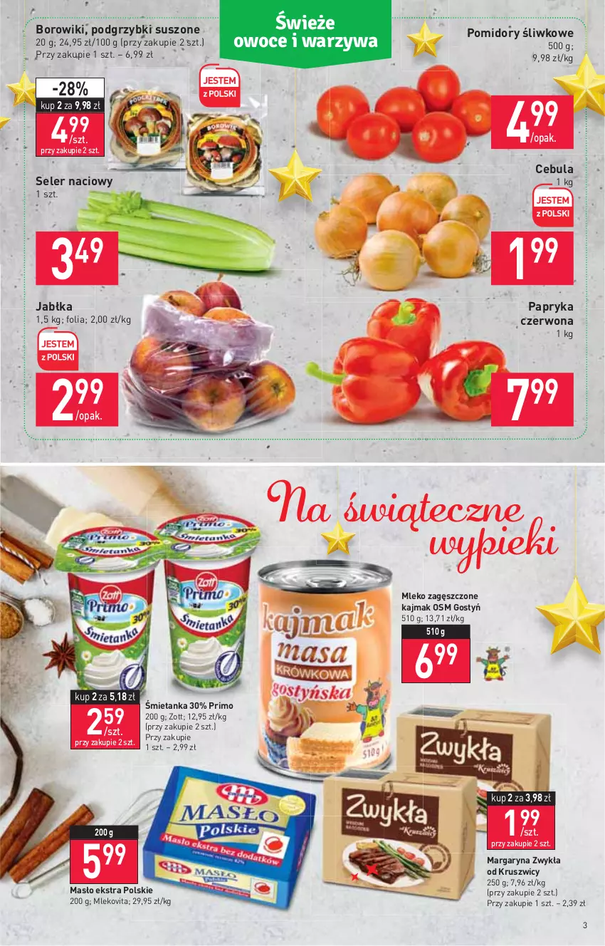 Gazetka promocyjna Stokrotka - Supermarket - ważna 16.12 do 21.12.2021 - strona 3 - produkty: Borowiki, Cebula, Jabłka, Margaryna, Masło, Mleko, Mleko zagęszczone, Mlekovita, Papryka, Papryka czerwona, Podgrzybki, Pomidory, Seler naciowy, Zott