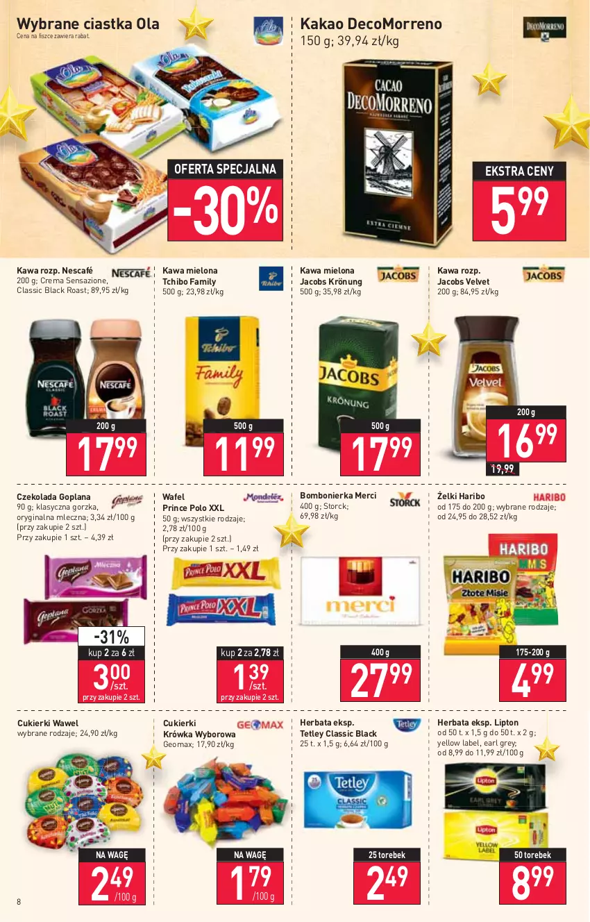 Gazetka promocyjna Stokrotka - Supermarket - ważna 16.12 do 21.12.2021 - strona 8 - produkty: Ciastka, Cukier, Cukierki, Czekolada, Earl Grey, Fa, Gin, Goplana, Haribo, Herbata, Jacobs, Jacobs Krönung, Jacobs Velvet, Kakao, Kawa, Kawa mielona, Lack, LANA, Lipton, Merci, Nescafé, Prince Polo, Tchibo, Tchibo Family, Tetley, Velvet, Wawel, Wyborowa