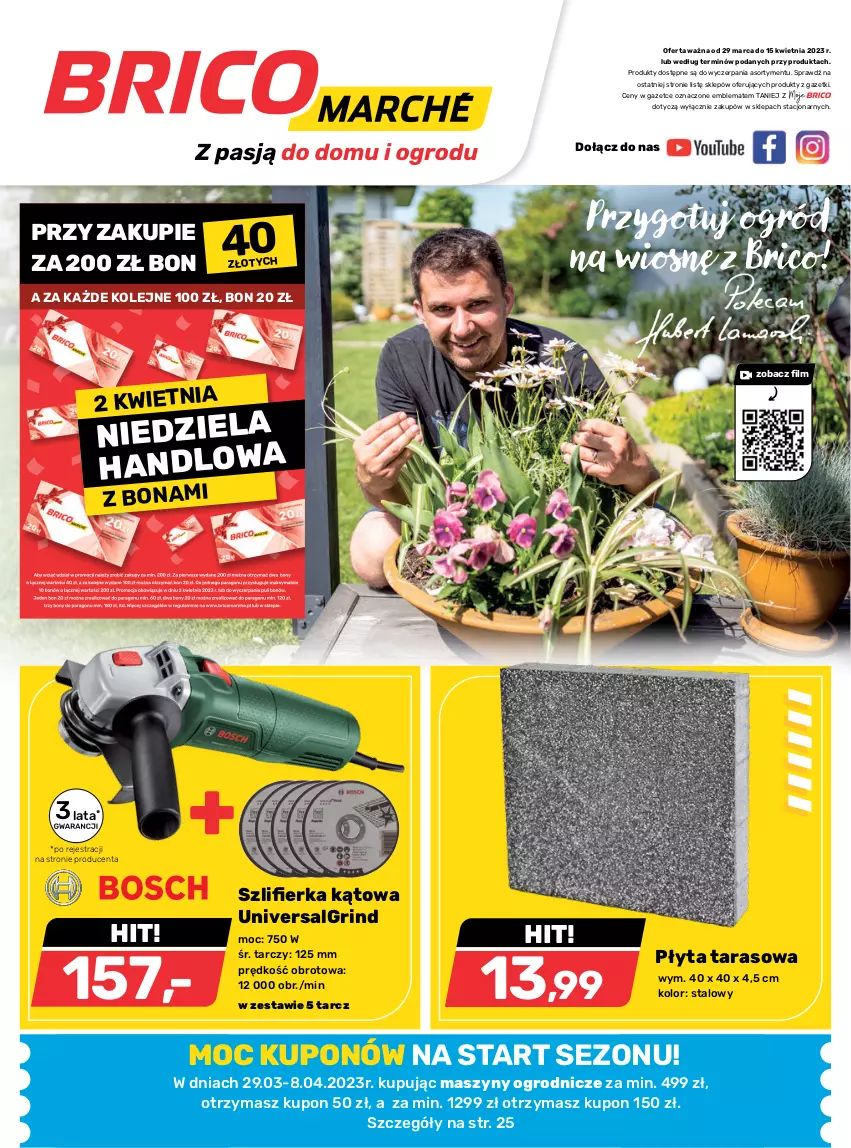 Gazetka promocyjna Bricomarche - Gazetka - ważna 29.03 do 15.04.2023 - strona 1 - produkty: LG, O nas, Ogród, Olej, Płyta, Szlifierka, Szlifierka kątowa, Szyny