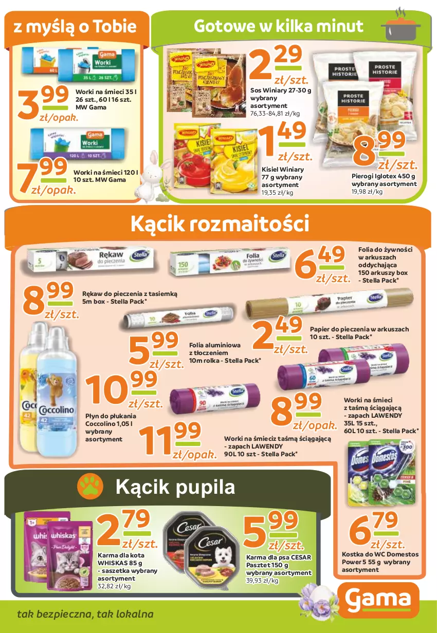 Gazetka promocyjna Gama - Gazetka Gama - ważna 10.04.2023 do 30.03.2024 - strona 9 - produkty: Coccolino, Domestos, Folia aluminiowa, Kisiel, Kostka do wc, Papier, Papier do pieczenia, Pasztet, Piec, Pierogi, Płyn do płukania, Rękaw do pieczenia, Sos, Whiskas, Winiary, Worki na śmiec, Worki na śmieci