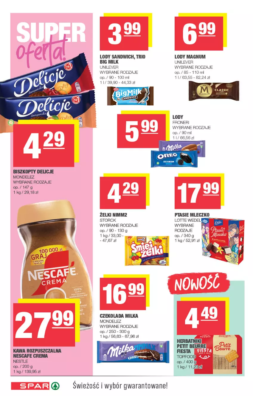Gazetka promocyjna Spar - Spar - ważna 27.07 do 06.08.2025 - strona 6 - produkty: Big Milk, Biszkopty, Czekolada, Delicje, Herbatniki, Herbatniki Petit Beurre, Kawa, Kawa rozpuszczalna, Lody, Milka, Mleczko, Nimm2, Ptasie mleczko, Top