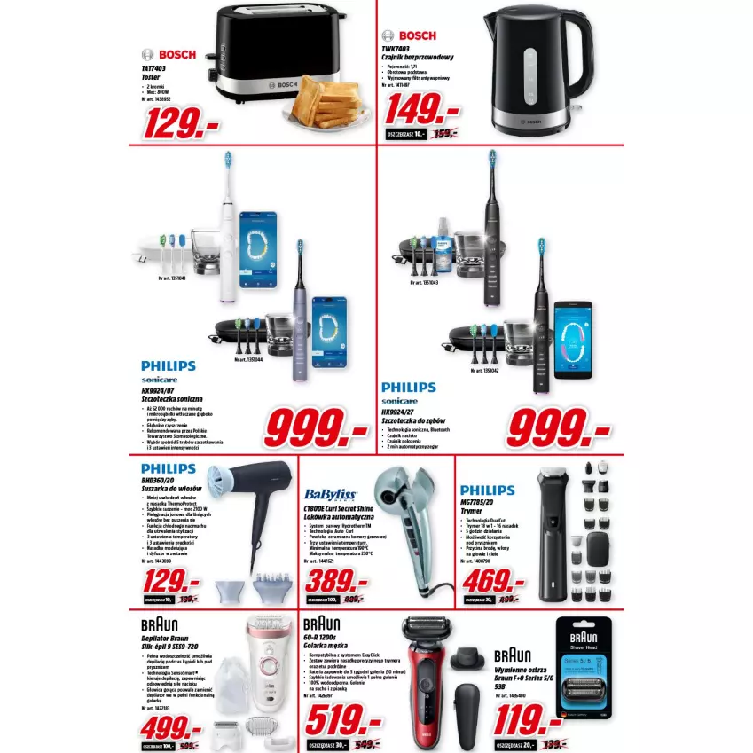 Gazetka promocyjna Media Markt - Gazetka Media Markt - ważna 11.08 do 17.08.2021 - strona 13 - produkty: Bateria, Bosch, Braun, Czajnik, Depilator, Golarka, Lokówka, Lokówka automatyczna, Mop, Philips, Por, Sos, Suszarka, Szczoteczka, Szczoteczka do zębów, Szczoteczka soniczna, Toster, Zegar