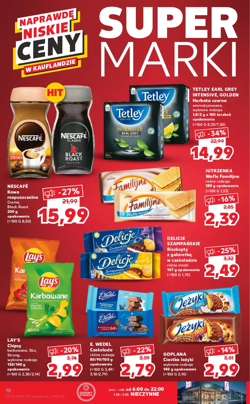 Gazetka promocyjna Kaufland - OFERTA TYGODNIA - ważna 27.04 do 04.05.2022 - strona 10 - produkty: Biszkopty, Chipsy, Ciastka, Czekolada, Delicje, E. Wedel, Earl Grey, Fa, Gala, Goplana, Herbata, Herbata czarna, Jeżyki, Jutrzenka, Kawa, Kawa rozpuszczalna, Lack, LANA, Nescafé, Tetley, Wafle