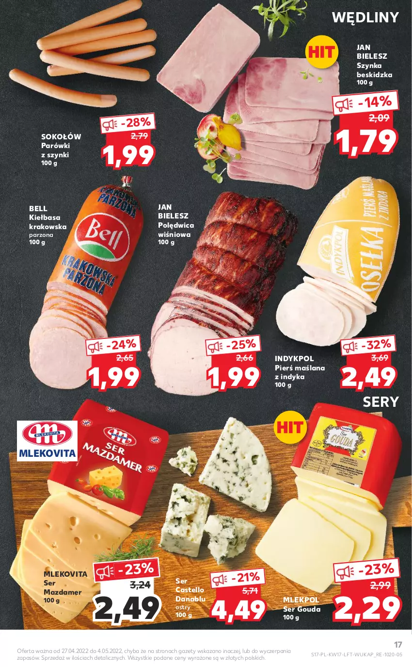 Gazetka promocyjna Kaufland - OFERTA TYGODNIA - ważna 27.04 do 04.05.2022 - strona 17 - produkty: Bell, Gouda, Kiełbasa, Kiełbasa krakowska, LANA, Mazdamer, Mleko, Mlekovita, Parówki, Parówki z szynki, Polędwica, Ser, Sok, Sokołów, Szynka