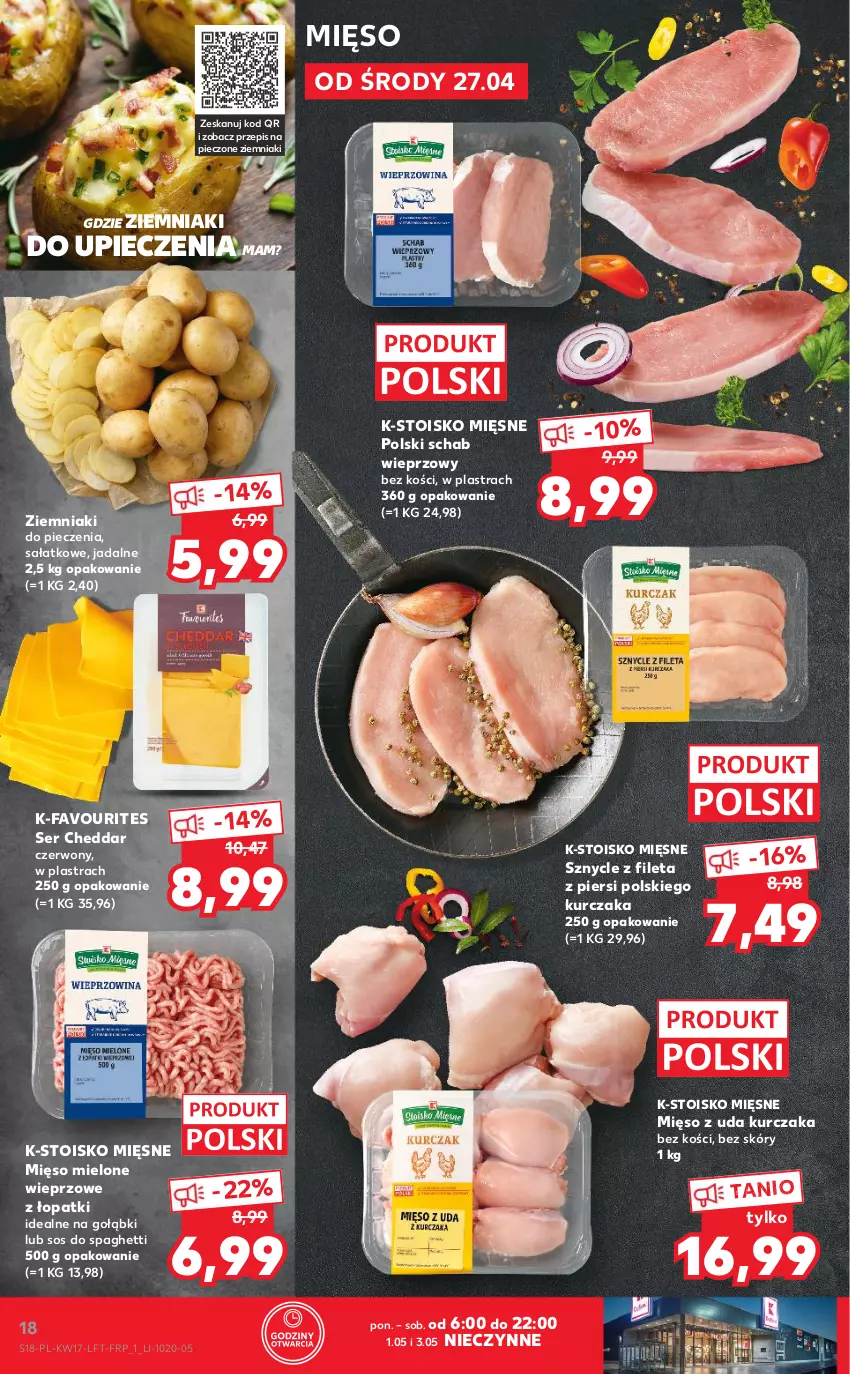 Gazetka promocyjna Kaufland - OFERTA TYGODNIA - ważna 27.04 do 04.05.2022 - strona 18 - produkty: Cheddar, Fa, Kurczak, Mięso, Mięso mielone, Mięso z uda kurczaka, Piec, Pieczone ziemniaki, Sałat, Schab wieprzowy, Ser, Sos, Spaghetti, Ziemniaki