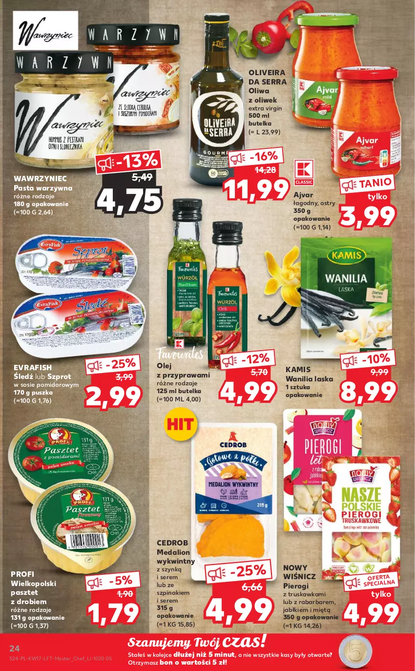 Gazetka promocyjna Kaufland - OFERTA TYGODNIA - ważna 27.04 do 04.05.2022 - strona 24 - produkty: Gin, Kamis, Lion, Olej, Oliwa z oliwek, Pasta warzywna, Pasztet, Pierogi, Ser, Sos, Szpinak, Szprot, Szprot w sosie