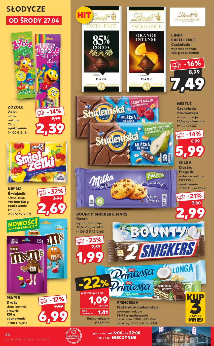 Gazetka promocyjna Kaufland - OFERTA TYGODNIA - ważna 27.04 do 04.05.2022 - strona 26 - produkty: Baton, Bounty, Brownie, Ciastka, Czekolada, Lindt, Mars, Milka, Nestlé, Nimm2, Princessa, Snickers, Wafelek