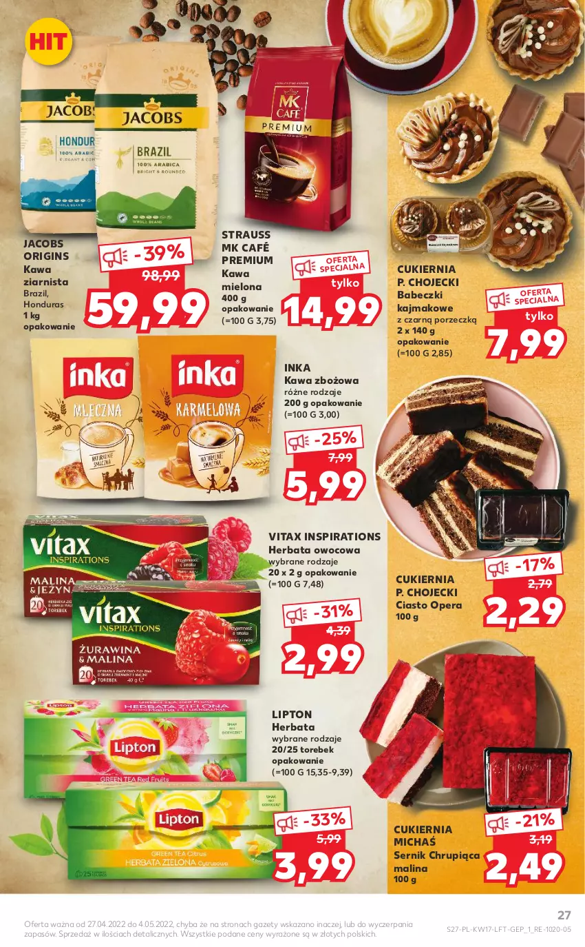 Gazetka promocyjna Kaufland - OFERTA TYGODNIA - ważna 27.04 do 04.05.2022 - strona 27 - produkty: Babeczki, Cukier, Gin, Herbata, Herbata owocowa, Inka, Jacobs, Kawa, Kawa mielona, Kawa zbożowa, Kawa ziarnista, Lipton, Por, Ser, Vitax