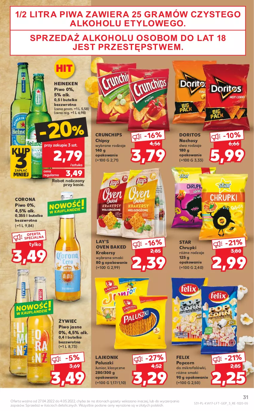 Gazetka promocyjna Kaufland - OFERTA TYGODNIA - ważna 27.04 do 04.05.2022 - strona 31 - produkty: Chipsy, Chrupki, Crunchips, Fa, Felix, Gra, Heineken, Krakersy, Lajkonik, Lay’s, Piwa, Piwo, Piwo jasne, Popcorn