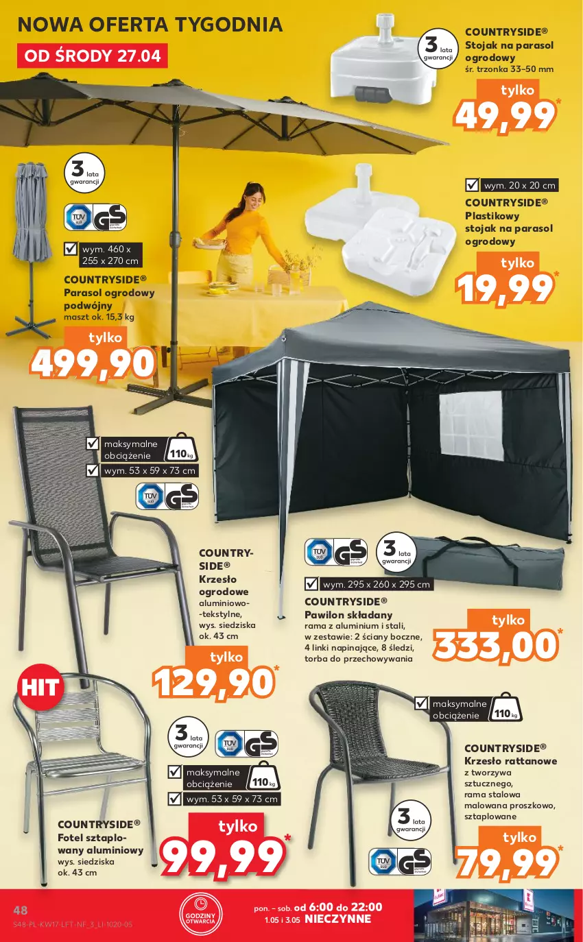 Gazetka promocyjna Kaufland - OFERTA TYGODNIA - ważna 27.04 do 04.05.2022 - strona 48 - produkty: Fotel, Krzesło, Krzesło ogrodowe, Parasol, Rama, Stojak, Torba