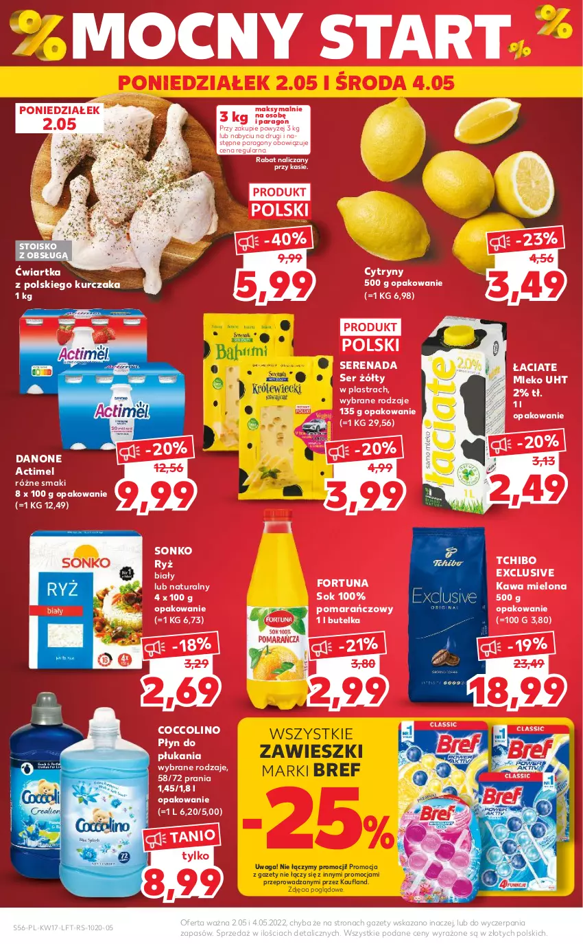 Gazetka promocyjna Kaufland - OFERTA TYGODNIA - ważna 27.04 do 04.05.2022 - strona 56 - produkty: Actimel, Bref, Coccolino, Cytryny, Danone, Fortuna, Kawa, Kawa mielona, Kurczak, Mleko, Płyn do płukania, Ryż, Ryż biały, Ser, Sok, Sonko, Tchibo, Waga, Zawieszki