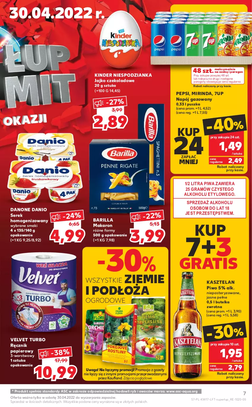 Gazetka promocyjna Kaufland - OFERTA TYGODNIA - ważna 27.04 do 04.05.2022 - strona 7 - produkty: 7up, Barilla, Danio, Danone, Gra, Kasztelan, Kinder, Makaron, Mirinda, Napój, Napój gazowany, Papier, Pepsi, Piwa, Piwo, Ręcznik, Ser, Serek, Serek homogenizowany, Velvet, Waga