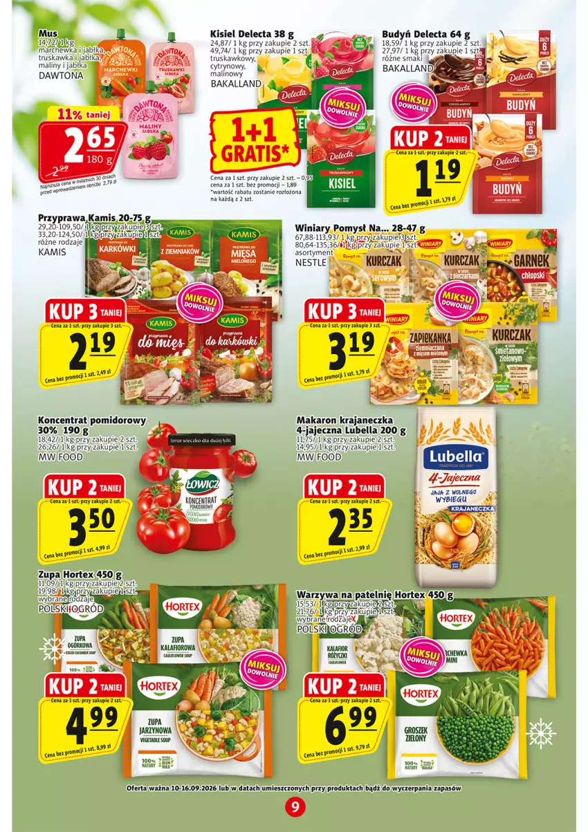 Gazetka promocyjna Prim Market - ważna 10.09 do 16.09.2026 - strona 9 - produkty: Bakalland, Bell, Bella, Budyń, Dawtona, Delecta, Fa, Hortex, Jabłka, Jaja, Kalafior, Kamis, Kisiel, Koncentrat pomidorowy, Kurczak, Lubella, Makaron, Maliny, Marchewka, Mus, Ogród, Ser, Vegeta, Winiary, Zupa