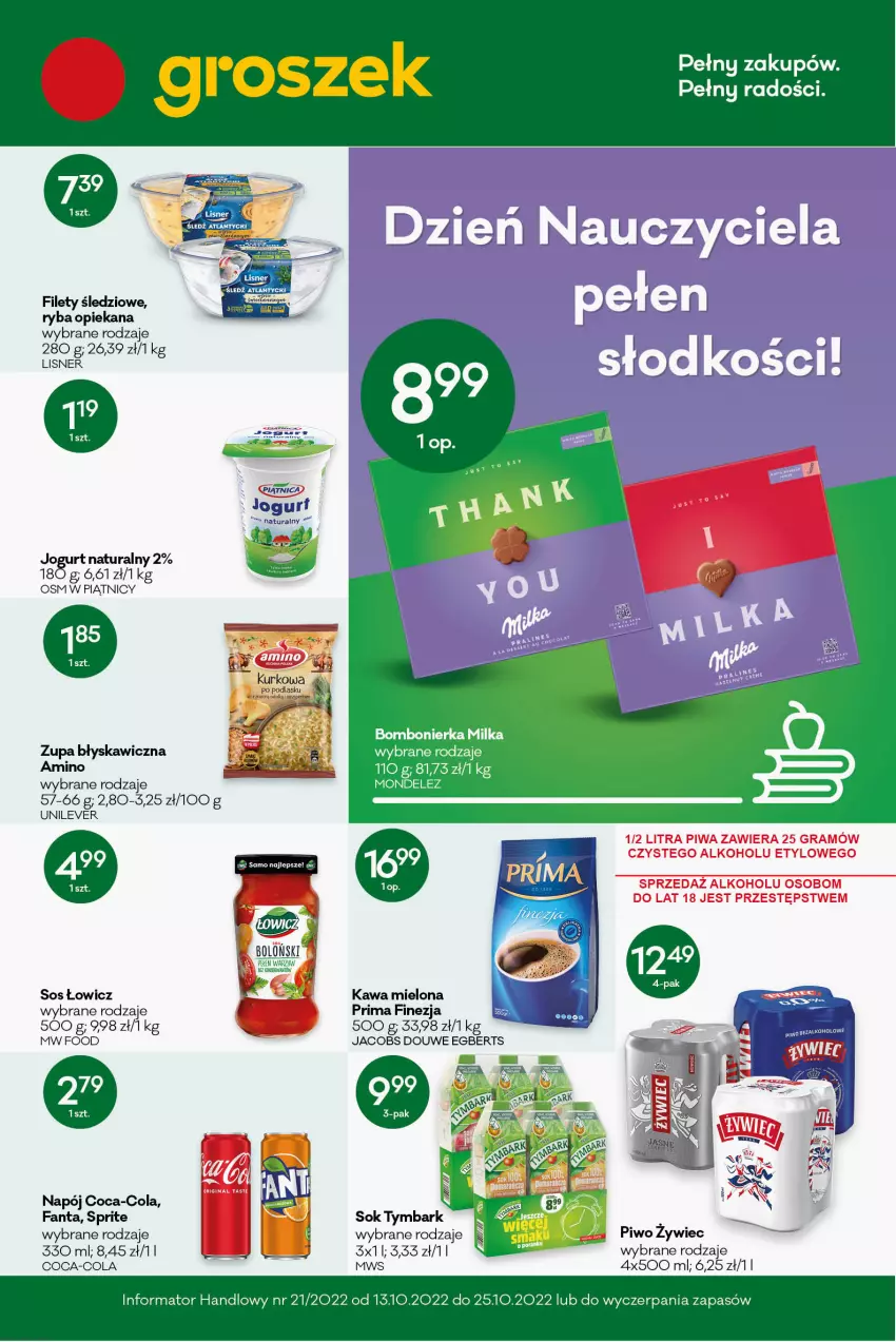 Gazetka promocyjna Groszek - ważna 15.09 do 27.09.2022 - strona 1 - produkty: Coca-Cola, Fa, Fanta, Gin, Gra, Jacobs, Jogurt, Jogurt naturalny, Kawa, Kawa mielona, Lisner, Milka, Napój, Piątnica, Piwa, Piwo, Prima, Ryba, Sok, Sos, Sprite, Tymbark, Zupa