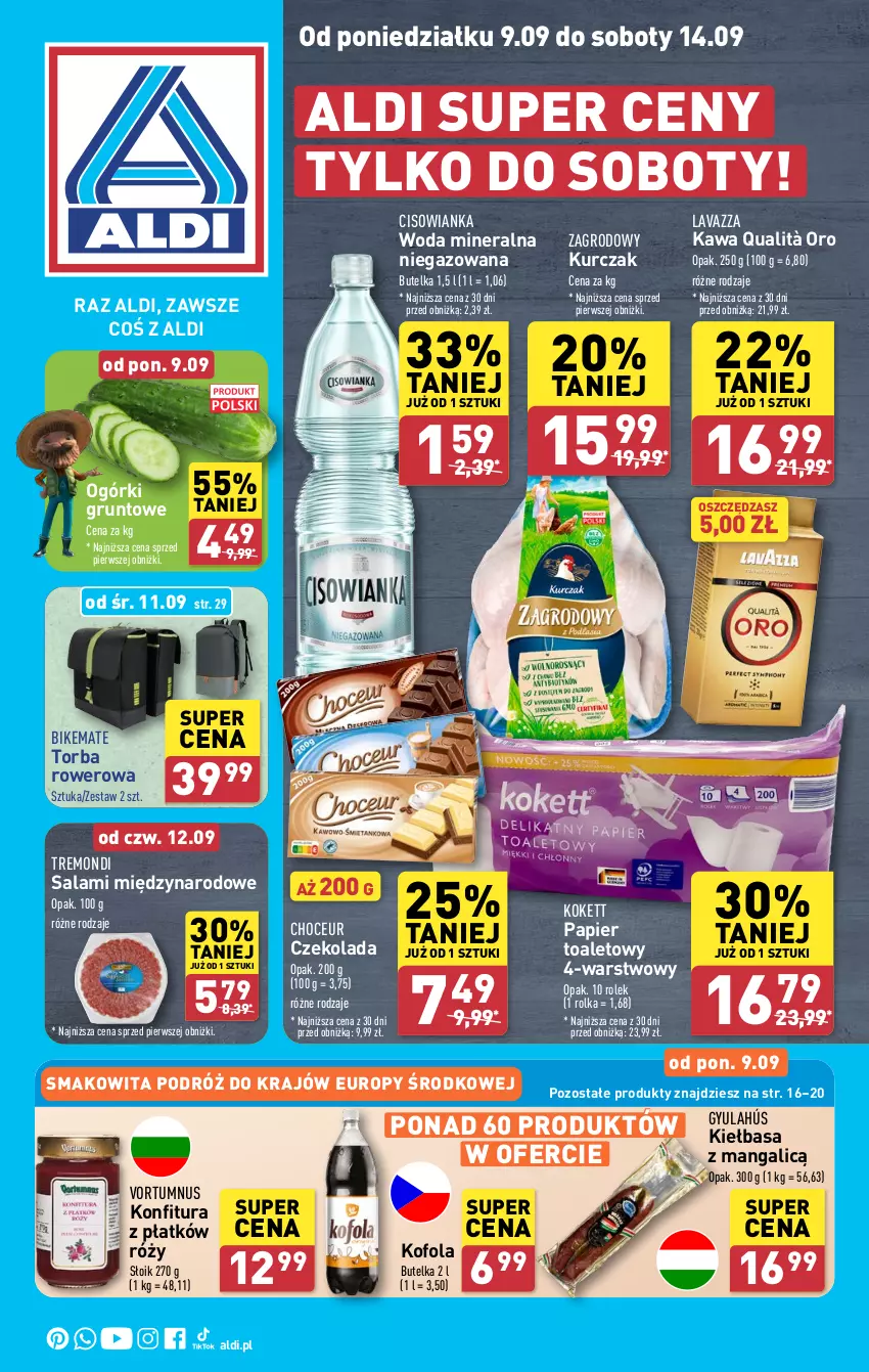 Gazetka promocyjna Aldi - Pełna oferta - ważna 09.09 do 14.09.2024 - strona 1 - produkty: Cisowianka, Czekolada, Grunt, Kawa, Kiełbasa, Konfitura, Kurczak, Lavazza, Papier, Papier toaletowy, Rower, Salami, Smakowita, Torba, Woda, Woda mineralna