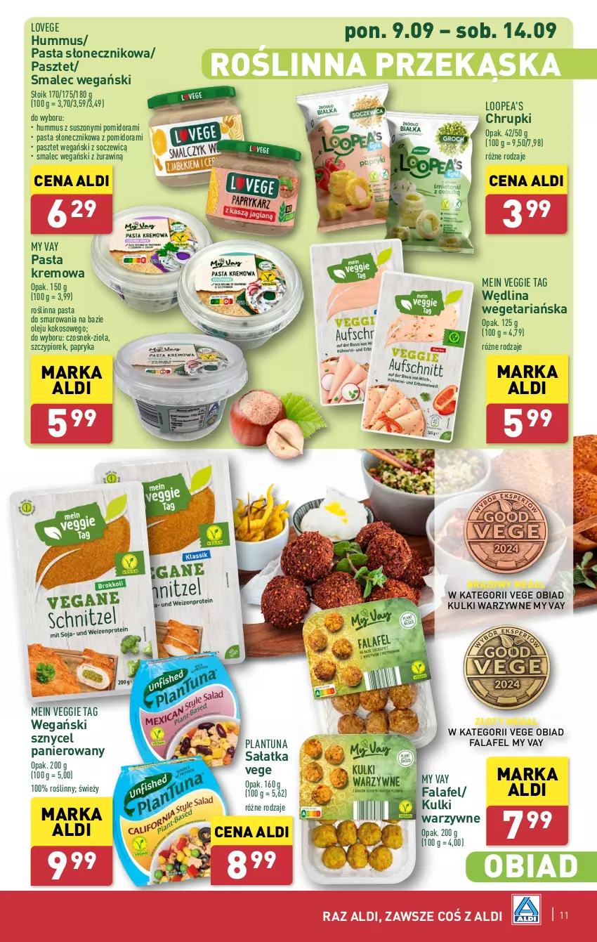 Gazetka promocyjna Aldi - Pełna oferta - ważna 09.09 do 14.09.2024 - strona 11 - produkty: Chrupki, Czosnek, Fa, Hummus, Kokos, Mus, Olej, Papryka, Pasztet, Sałat, Sałatka, Smalec, Wędlina