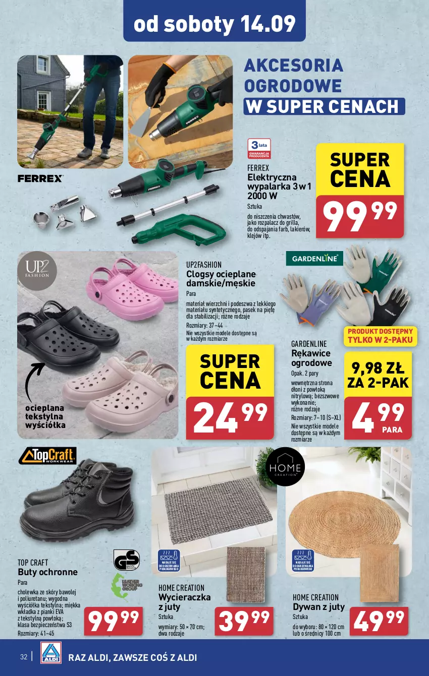 Gazetka promocyjna Aldi - Pełna oferta - ważna 09.09 do 14.09.2024 - strona 32 - produkty: Buty, Clogsy, Dywan, Fa, Grill, Klej, Lakier, LANA, Olej, Pasek, Piec, Rękawice, Top, Wycieraczka