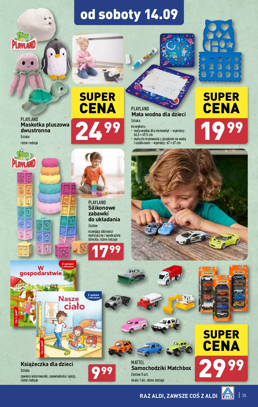 Gazetka promocyjna Aldi - Pełna oferta - ważna 09.09 do 14.09.2024 - strona 35 - produkty: Chodzik, Dzieci, Maskotka pluszowa, Mata wodna, Mattel, Quiz, Samochodziki