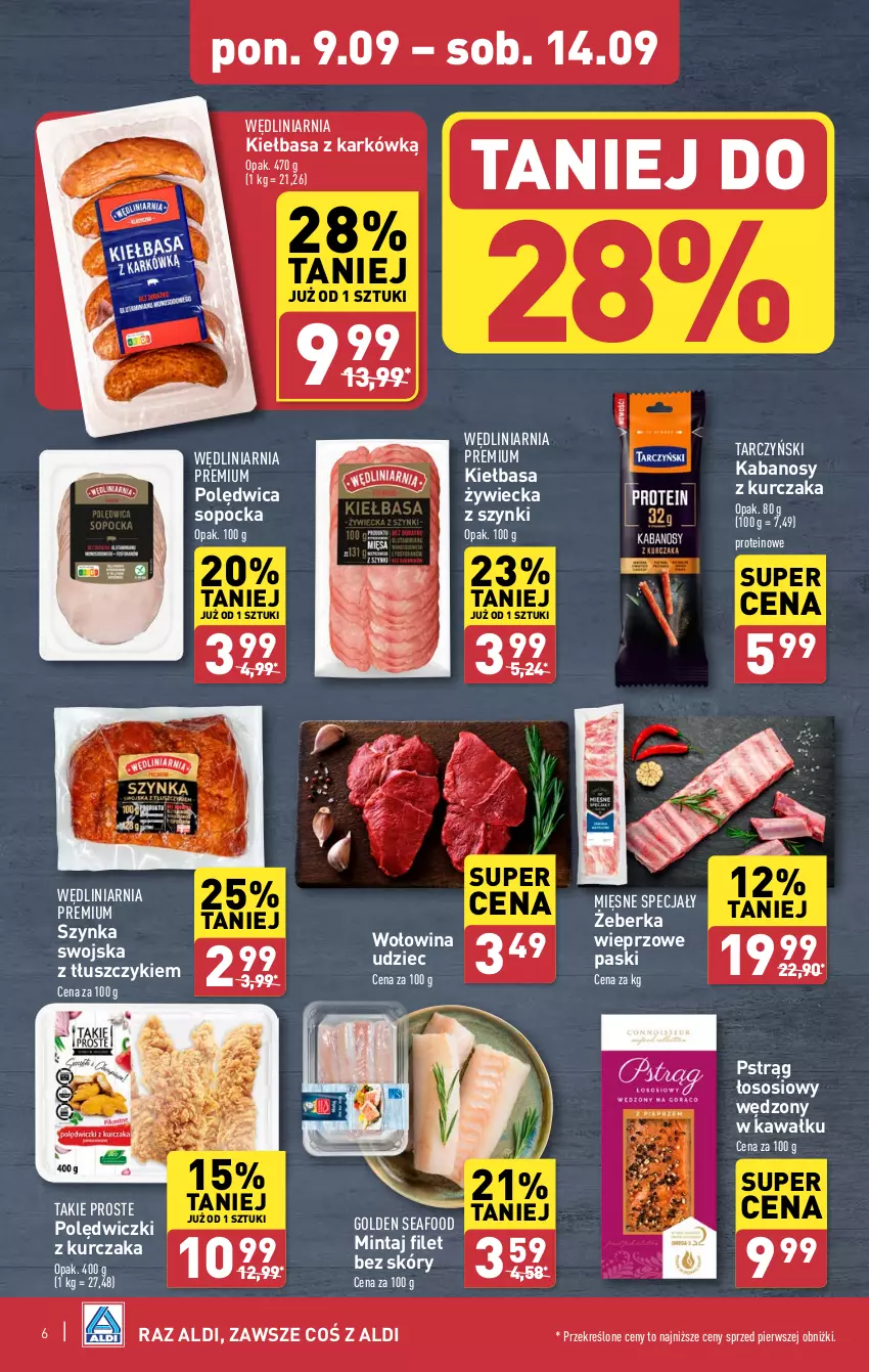 Gazetka promocyjna Aldi - Pełna oferta - ważna 09.09 do 14.09.2024 - strona 6 - produkty: Golden Seafood, Kabanos, Kawa, Kiełbasa, Kurczak, Mięsne specjały, Mintaj, Polędwica, Polędwiczki z kurczaka, Pstrąg, Pstrąg łososiowy, Sos, Szynka, Tarczyński, Wołowina