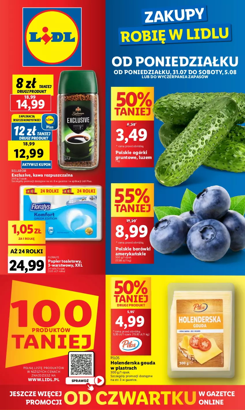 Gazetka promocyjna Lidl - GAZETKA - ważna 31.07 do 05.08.2023 - strona 1 - produkty: Bell, Bella, Flora, Gouda, Grunt, Kawa, Kawa rozpuszczalna, Papier, Papier toaletowy, Pilos, Rolki