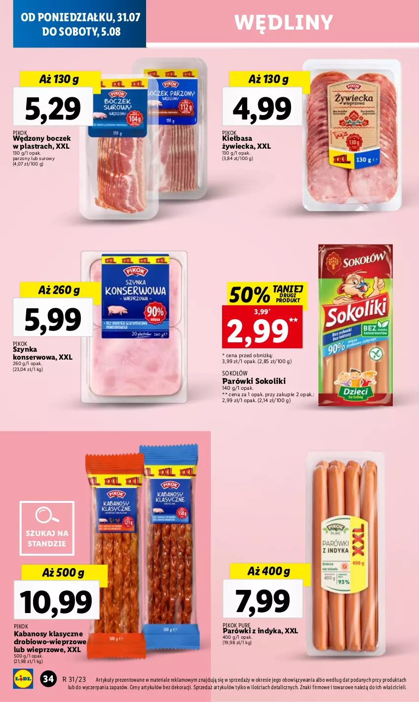 Gazetka promocyjna Lidl - GAZETKA - ważna 31.07 do 05.08.2023 - strona 44 - produkty: Boczek, Kabanos, Kiełbasa, Parówki, Parówki sokoliki, Parówki z indyka, PIKOK, Pur, Ser, Sok, Sokołów, Szynka, Szynka konserwowa