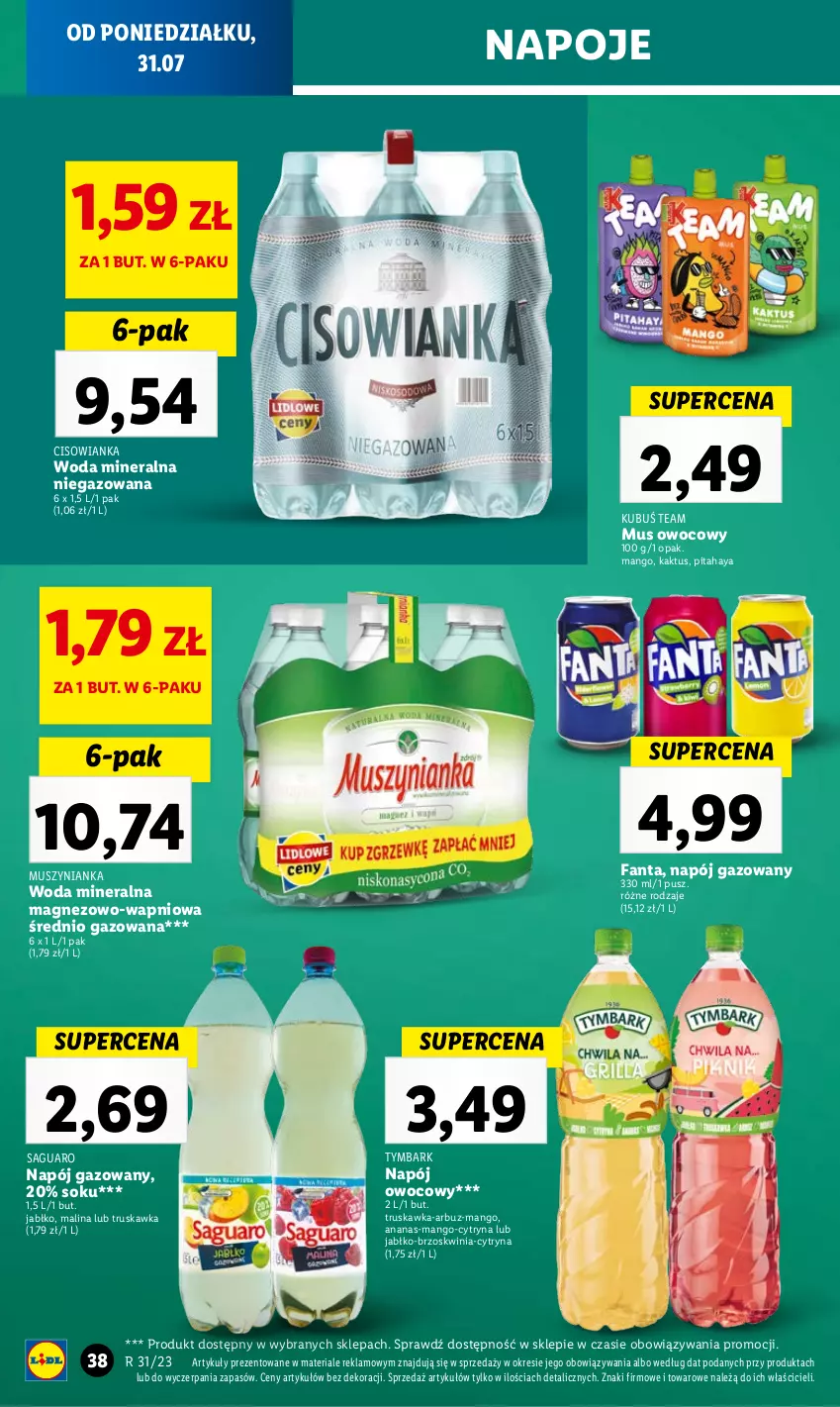 Gazetka promocyjna Lidl - GAZETKA - ważna 31.07 do 05.08.2023 - strona 50 - produkty: Ananas, Arbuz, Cisowianka, Fa, Fanta, Kaktus, Kubuś, Magnez, Mango, Mus, Muszynianka, Napój, Napój gazowany, Napoje, Pitahaya, Sok, Tymbark, Woda, Woda mineralna