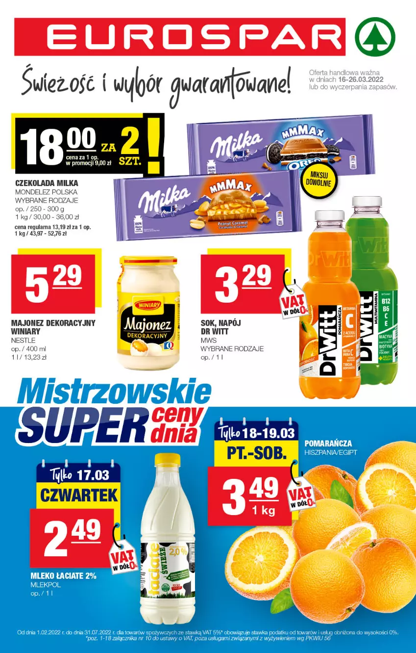 Gazetka promocyjna Spar - EuroSpar - ważna 14.03 do 24.03.2022 - strona 1 - produkty: Czekolada, Majonez, Milka, Mleko, Napój, Sok