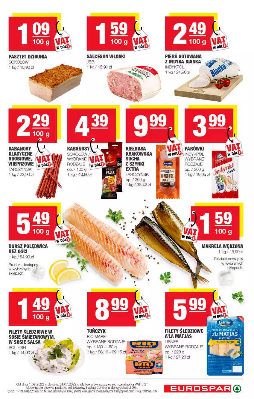 Gazetka promocyjna Spar - EuroSpar - ważna 14.03 do 24.03.2022 - strona 5 - produkty: Bianka, Dorsz, Kabanos, Kiełbasa, Lisner, Matjas, Parówki, Pasztet, Polędwica, Rio Mare, Salceson, Salsa, Sok, Sokołów, Sos, Tarczyński