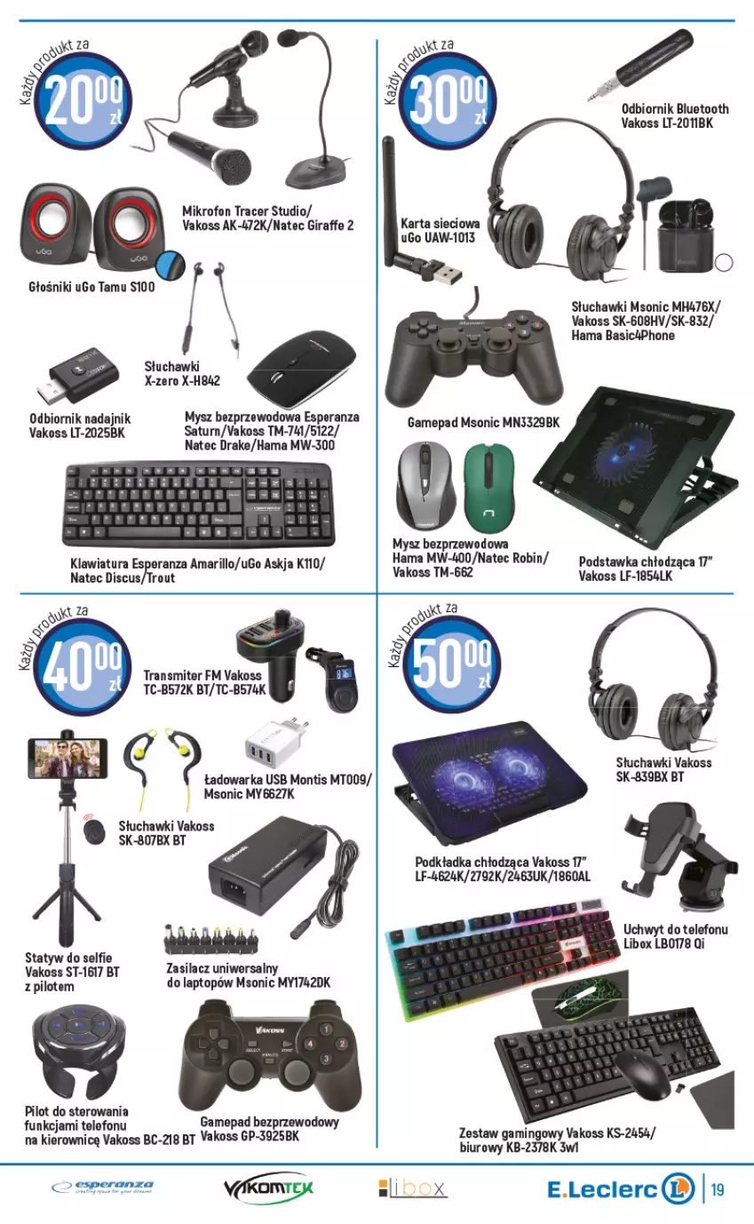 Gazetka promocyjna E Leclerc - ważna 06.09 do 17.09.2022 - strona 19 - produkty: Acer, Biuro, Głośnik, Hama, Klawiatura, Mikrofon, Mysz, Mysz bezprzewodowa, Podkład, Podkładka, Słuchawki, Statyw do selfie, Telefon, Top, Tran, Transmiter, Uchwyt do telefonu, Warka