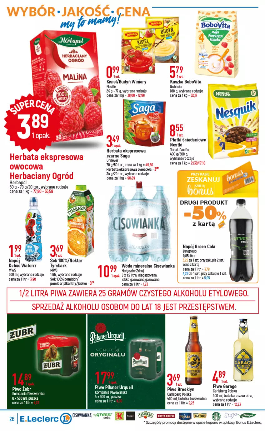 Gazetka promocyjna E Leclerc - ważna 06.09 do 17.09.2022 - strona 26 - produkty: BoboVita, Budyń, Carlsberg, Cisowianka, Danio, Fa, Gin, Herbata, Kisiel, Kubuś, Kubuś Waterrr, Napój, Pilsner Urquell, Piwo, Saga, Sok, Tymbark, Winiary, Woda, Woda mineralna