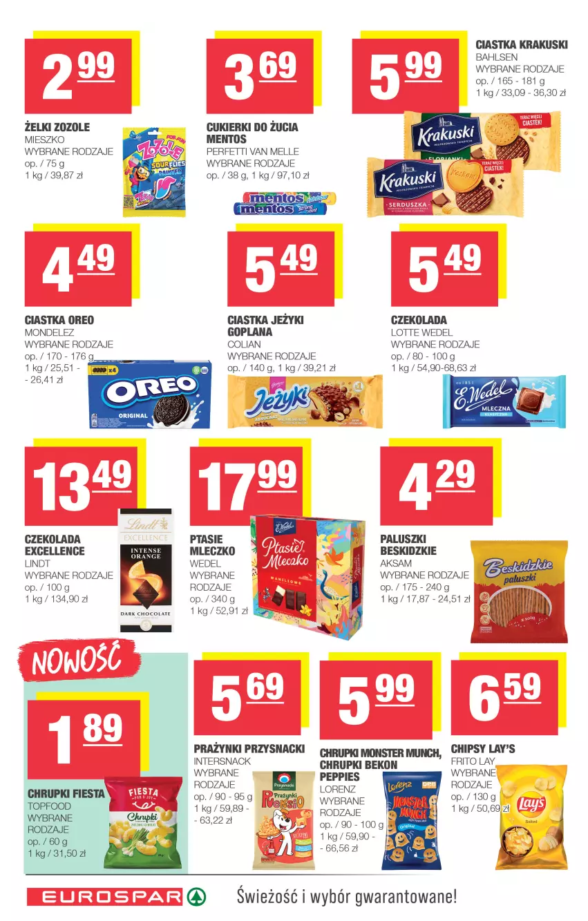 Gazetka promocyjna Spar - EuroSpar - ważna 24.08 do 03.09.2025 - strona 12 - produkty: Aksam, Beko, Beskidzki, Chipsy, Chrupki, Ciastka, Cukier, Cukierki, Czekolada, Goplana, Jeżyki, Krakus, Krakuski, LANA, Lindt, Lorenz, Mentos, Mleczko, Monster Munch, Oreo, Przysnacki, Top