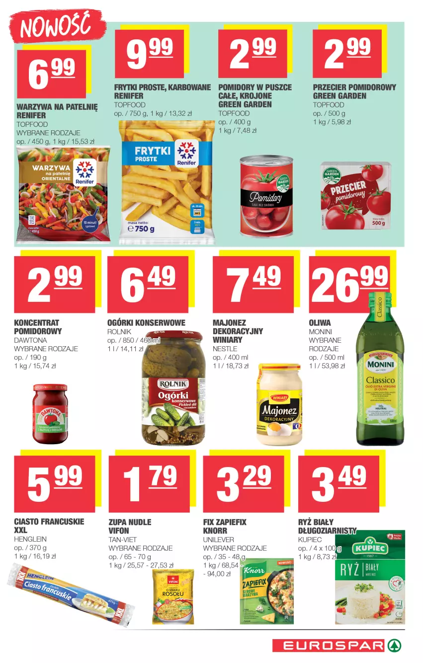 Gazetka promocyjna Spar - EuroSpar - ważna 24.08 do 03.09.2025 - strona 9 - produkty: Dawtona, Frytki, Knorr, Kupiec, Majonez, Monini, Ogórki konserwowe, Piec, Pomidory, Renifer, Rolnik, Ryż, Ryż biały, Ser, Top, Warzywa, Winiary, Zupa