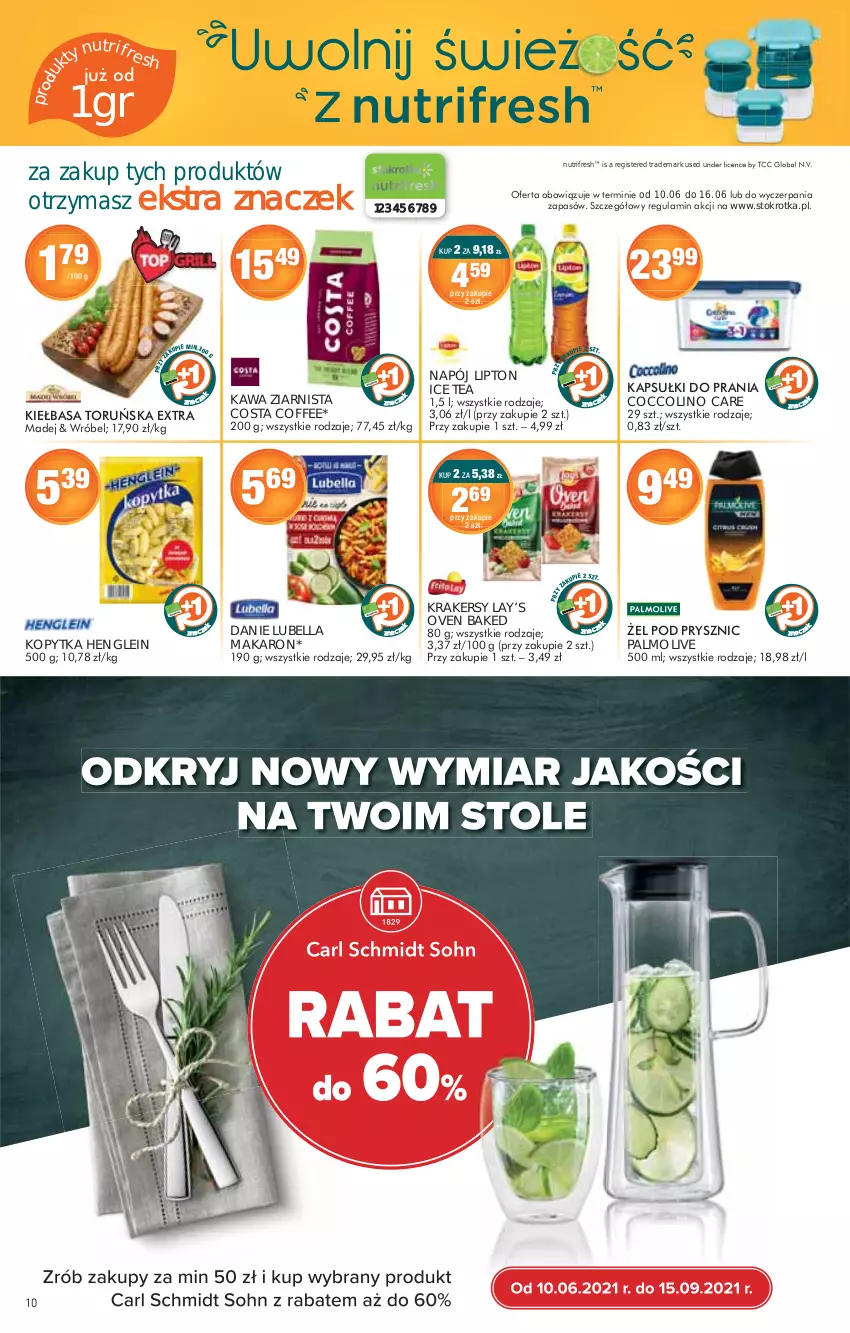 Gazetka promocyjna Stokrotka - Market - ważna 10.06 do 16.06.2021 - strona 10 - produkty: Bell, Bella, Coccolino, Ice tea, Kawa, Kawa ziarnista, Kopytka, Krakersy, Lay’s, Lipton, Lubella, Makaron, Napój, Palmolive