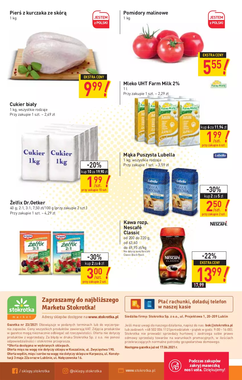 Gazetka promocyjna Stokrotka - Market - ważna 10.06 do 16.06.2021 - strona 12 - produkty: Bell, Bella, Cukier, Fa, Farm Milk, Karp, Kawa, Kosz, Kurczak, Lack, Lubella, Mąka, Mleko, Nescafé, O nas, Pomidory, Ser, Szal, Telefon, Wagi